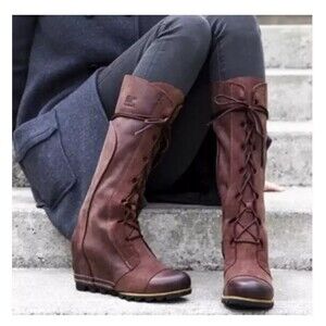 Sorel Cate The Great Wedge Tall Lace-Up Distressed Brown Leather Boots Women 8.5